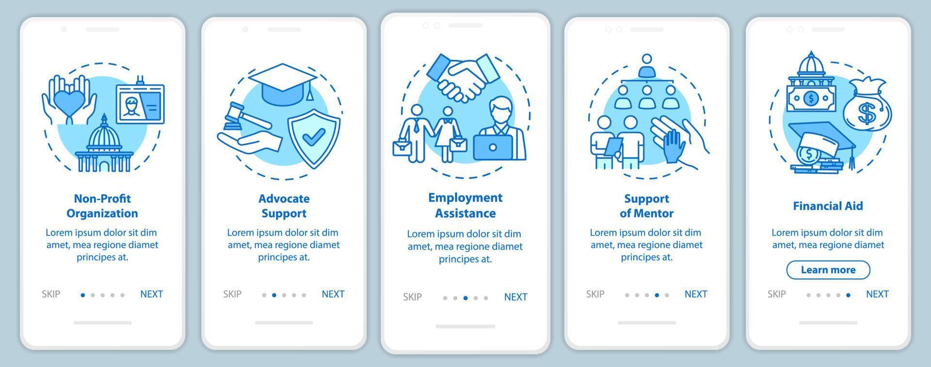 inclusieve samenleving onboarding mobiele app paginascherm met concepten. sociale en financiële ondersteuning door vijf stappen grafische instructies. ui-vectorsjabloon met rgb-kleurenillustraties vector