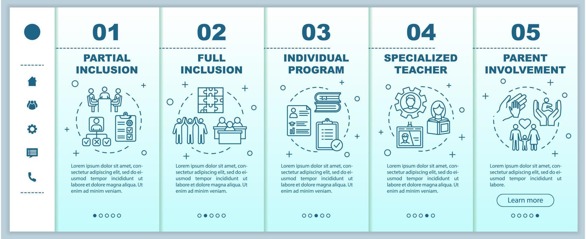 inclusief onderwijs onboarding vector sjabloon. gespecialiseerde leraar. gedeeltelijke en volledige inclusie. responsieve mobiele website met pictogrammen. webpagina walkthrough stap schermen. RGB-kleurconcept