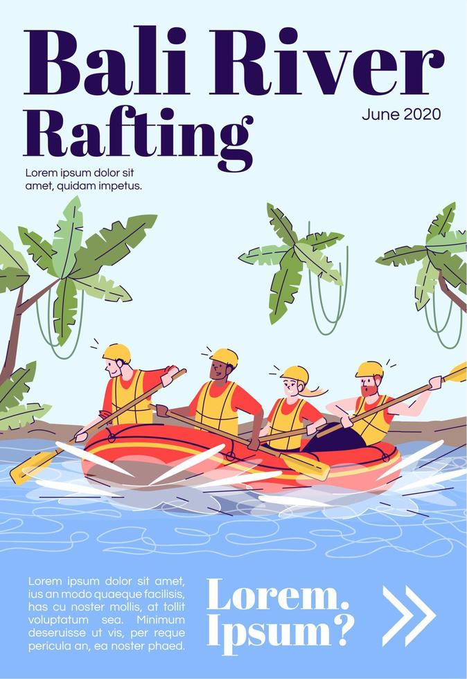 bali rivierraften tijdschrift voorbladsjabloon. mensen in vlot. Indonesië toerisme. tijdschrift mockup ontwerp. vector pagina-indeling met plat karakter. reclame cartoon afbeelding met tekst ruimte