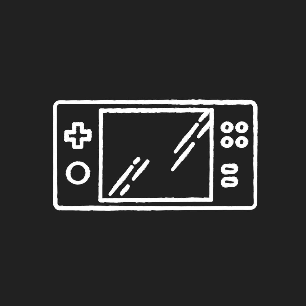 draagbare video game console krijt wit pictogram op zwarte achtergrond. handheld gaming-gadget met knoppen. zakapparaat voor het spelen van games. amusement. geïsoleerde vector schoolbordillustratie