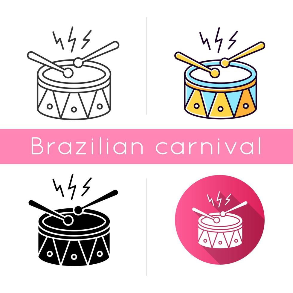 trommel met drumsticks pictogrammen instellen. lineaire, zwarte en rgb-kleurstijlen. muziekinstrument. Braziliaans carnaval. samba. feestelijke drumparade. muzikale beweging. nationale feestdag. geïsoleerde vectorillustratie vector