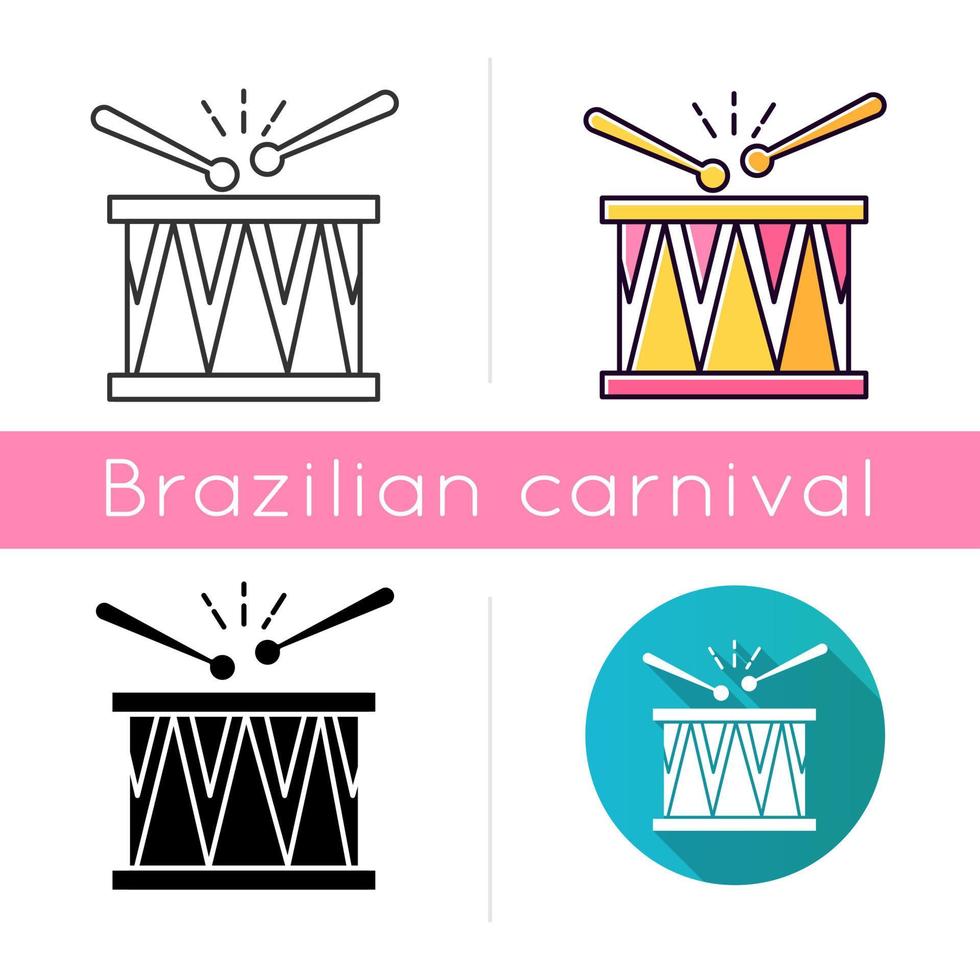 trommel pictogrammen instellen. lineaire, zwarte en rgb-kleurstijlen. muziekinstrument. Braziliaans carnaval. samba. feestelijke drumparade. muzikale beweging. nationale feestdag. geïsoleerde vectorillustraties vector