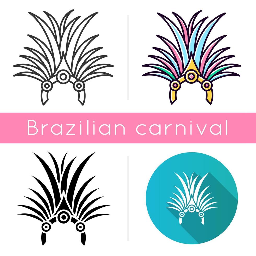 Braziliaanse carnaval hoofddeksels pictogrammen instellen. lineaire, zwarte en rgb-kleurstijlen. kroon met palmbladeren en juwelen. etnisch feest. nationale feestdag. maskerade parade. geïsoleerde vectorillustraties vector