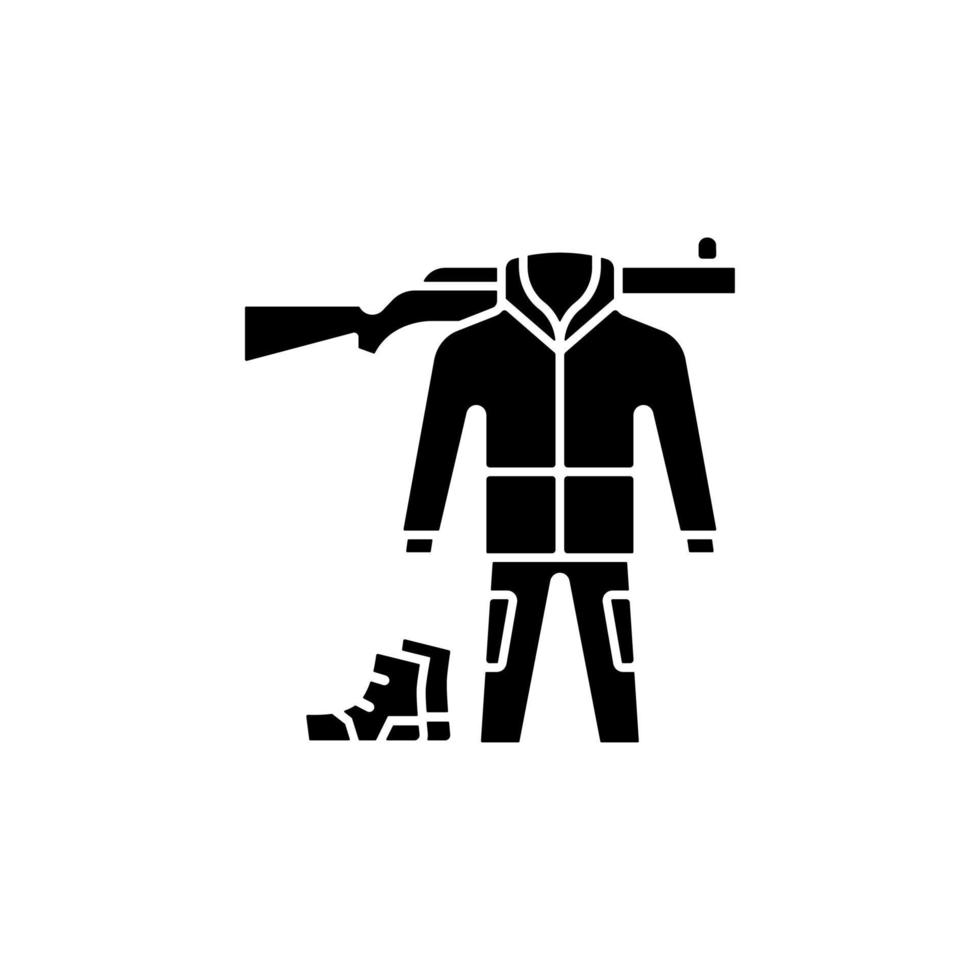 jacht versnelling zwarte glyph pictogram. kleding voor de jacht. camouflage-outfit. gereedschap en wapen. overlevingsuitrusting en benodigdheden. wandel- en reispakket. silhouet symbool op witte ruimte. vector geïsoleerde illustratie