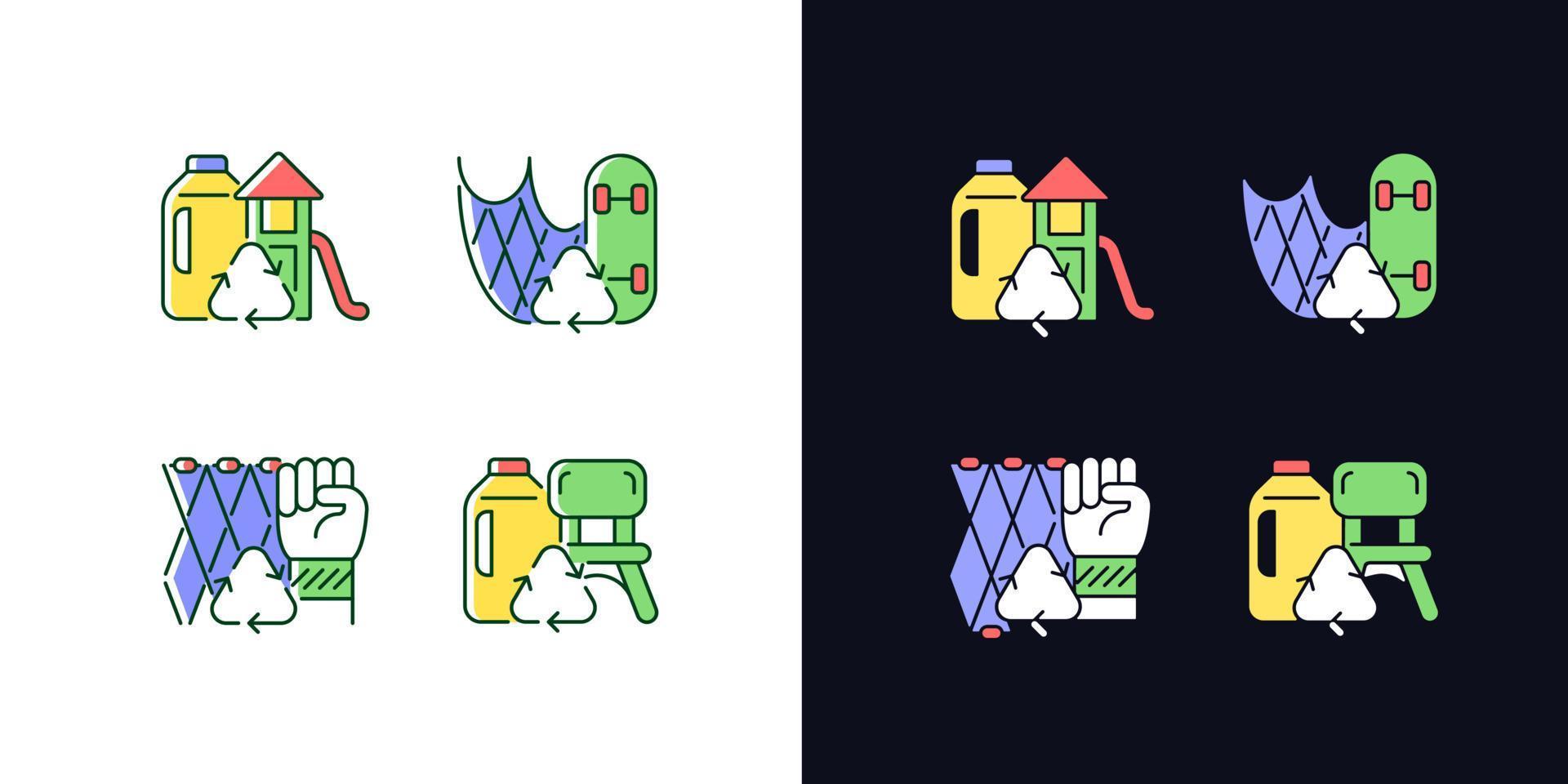 recycling voor duurzaamheid lichte en donkere thema rgb kleur iconen set. hergebruik van vistuig. kunststof hout. geïsoleerde vectorillustraties op witte en zwarte ruimte. eenvoudig gevuld lijntekeningenpakket vector