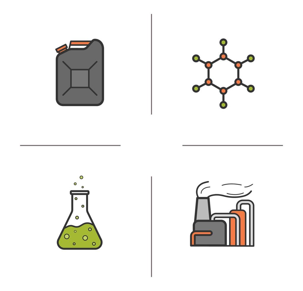 aardolie-industrie gekleurde pictogrammen instellen. olievat, moleculaire structuur, chemische reactie en fabriek. industriële vervuiling. geïsoleerde vectorillustraties vector