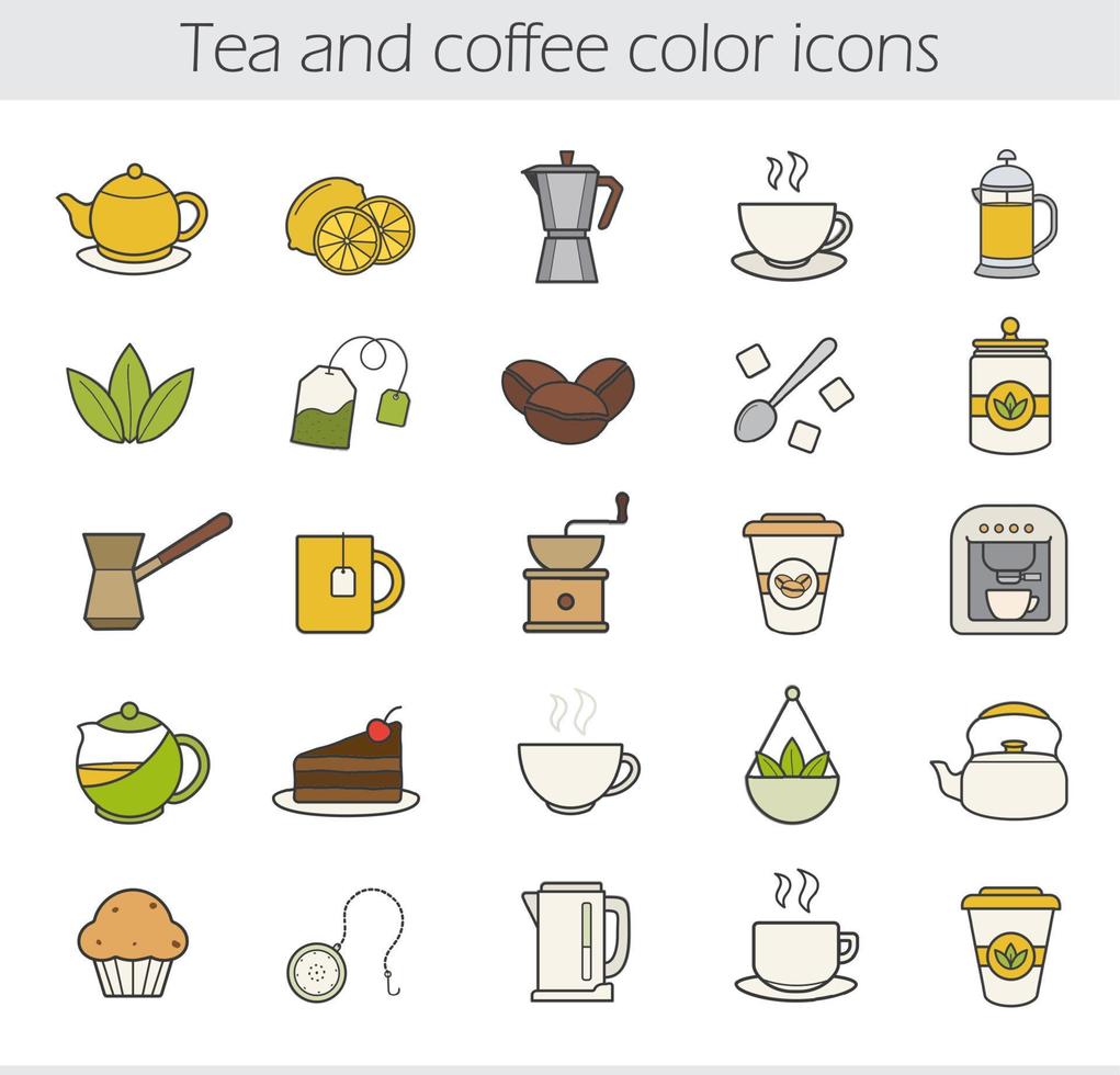 thee en koffie gekleurde pictogrammen instellen. mokapot, espressomachine, dampende theekop, waterkoker, coffee to go, muffin, turkse cezve, losse theeblaadjes, chocoladetaart. geïsoleerde vectorillustraties vector