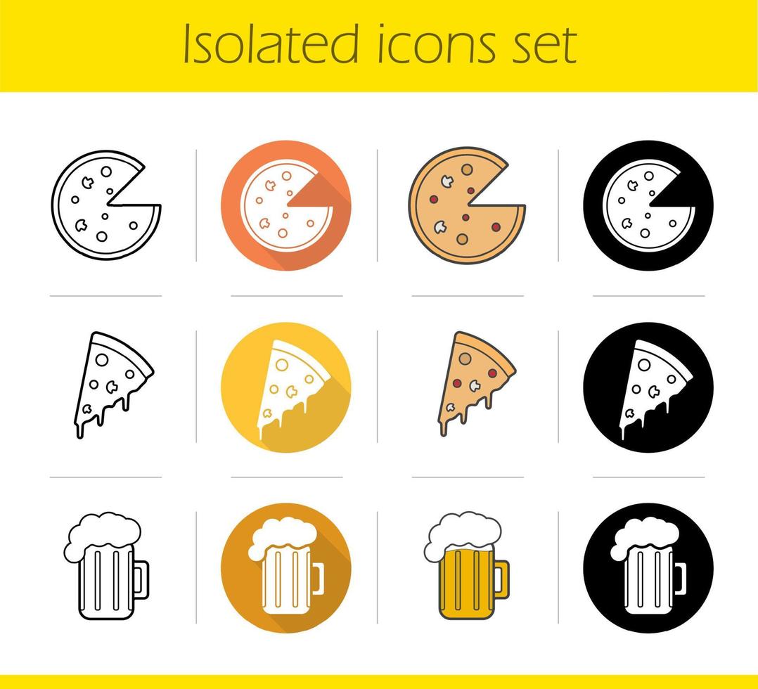 pizzeria pictogrammen instellen. plat ontwerp, lineaire, zwarte en kleurstijlen. pizzapunt, schuimige bierpul. geïsoleerde vectorillustraties vector