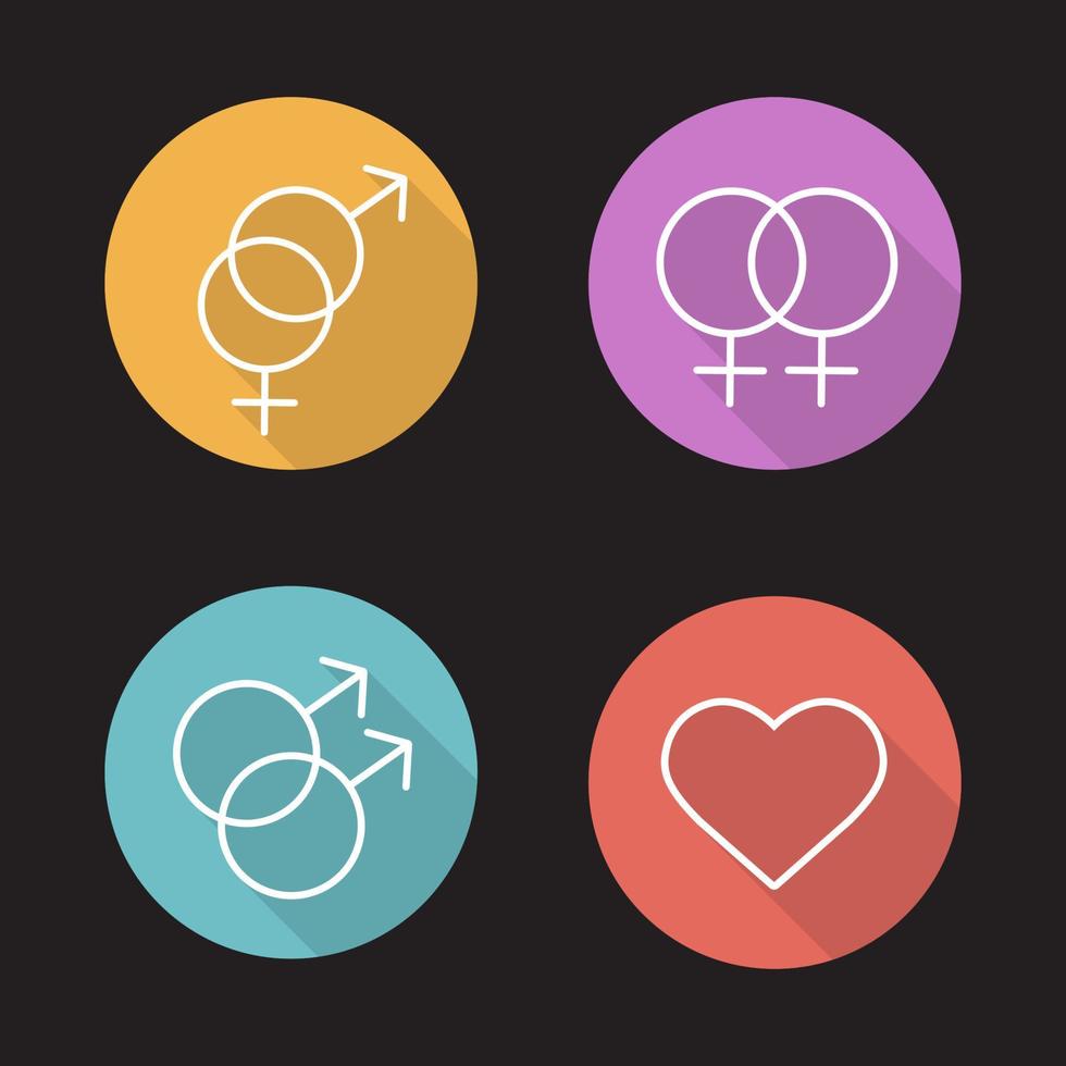 homoseksuele en heteroseksuele relaties vlakke lineaire lange schaduw iconen set. borden voor homo's, lesbiennes en heteroparen. hou van gelijkheid. hart vorm pictogram. vector lijn symbolen