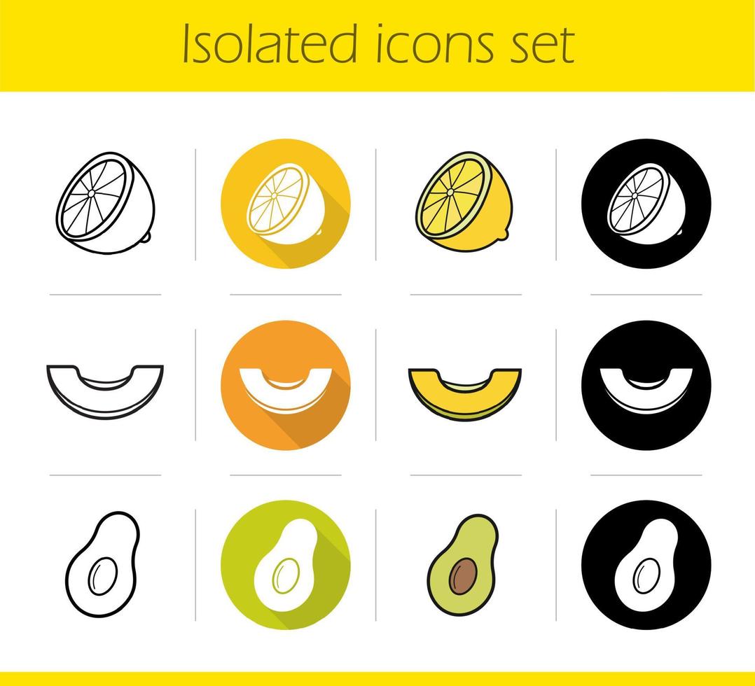 fruit pictogrammen instellen. plat ontwerp, lineaire, zwarte en kleurstijlen. halve citroen, schijfje meloen, gesneden avocado. geïsoleerde vectorillustraties vector