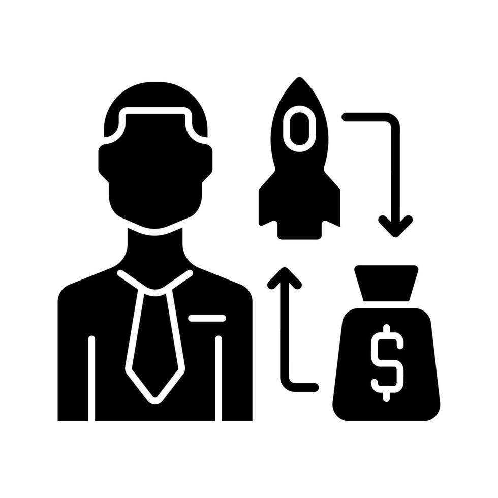 durfkapitalistisch zwart glyph-pictogram. particuliere investeerder. perspectief startup financier en aandeelhouder. voorstander van kleine bedrijven. silhouet symbool op witte ruimte. vector geïsoleerde illustratie