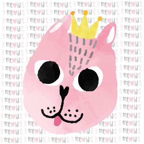aquarel roze grappige kat met kroon gelukkige verjaardagskaart vector