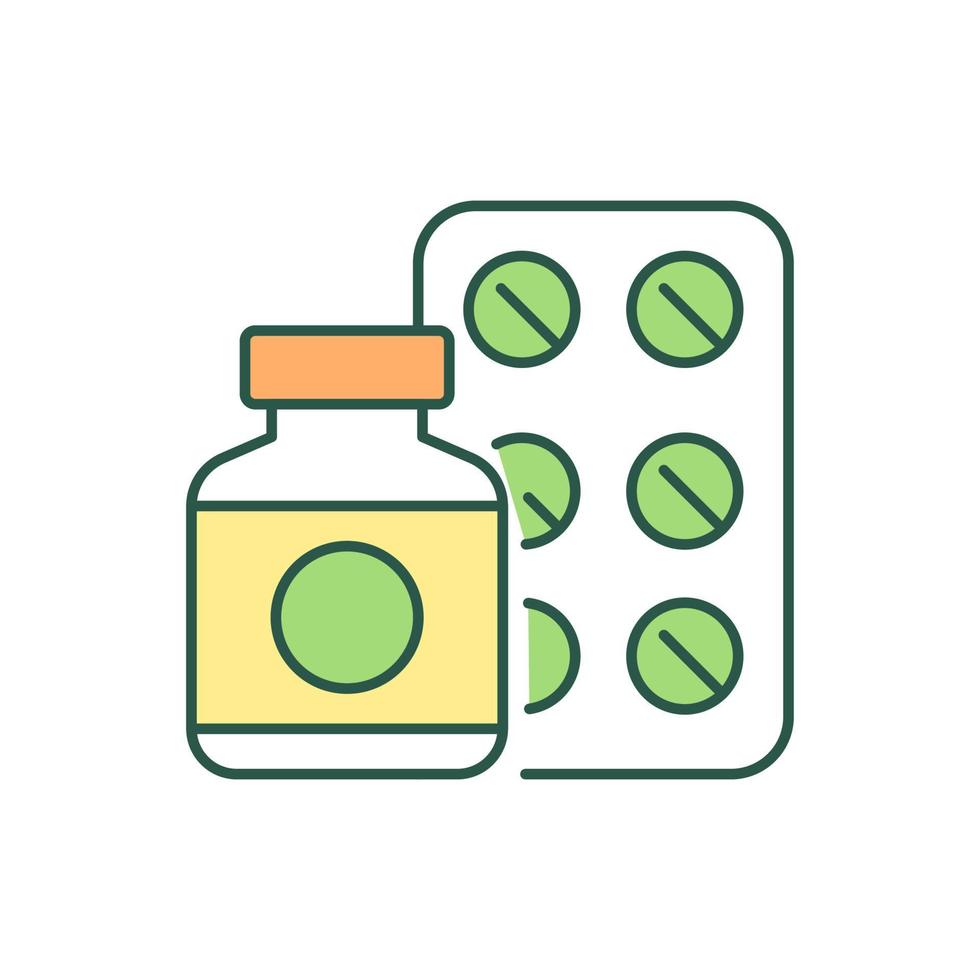 medicijnen rgb-kleurpictogram. middel en medicijn. pijnstillend en antibioticum. medicamenteuze therapie en behandeling. medisch voorschrift. geïsoleerde vectorillustratie. eenvoudige gevulde lijntekening vector