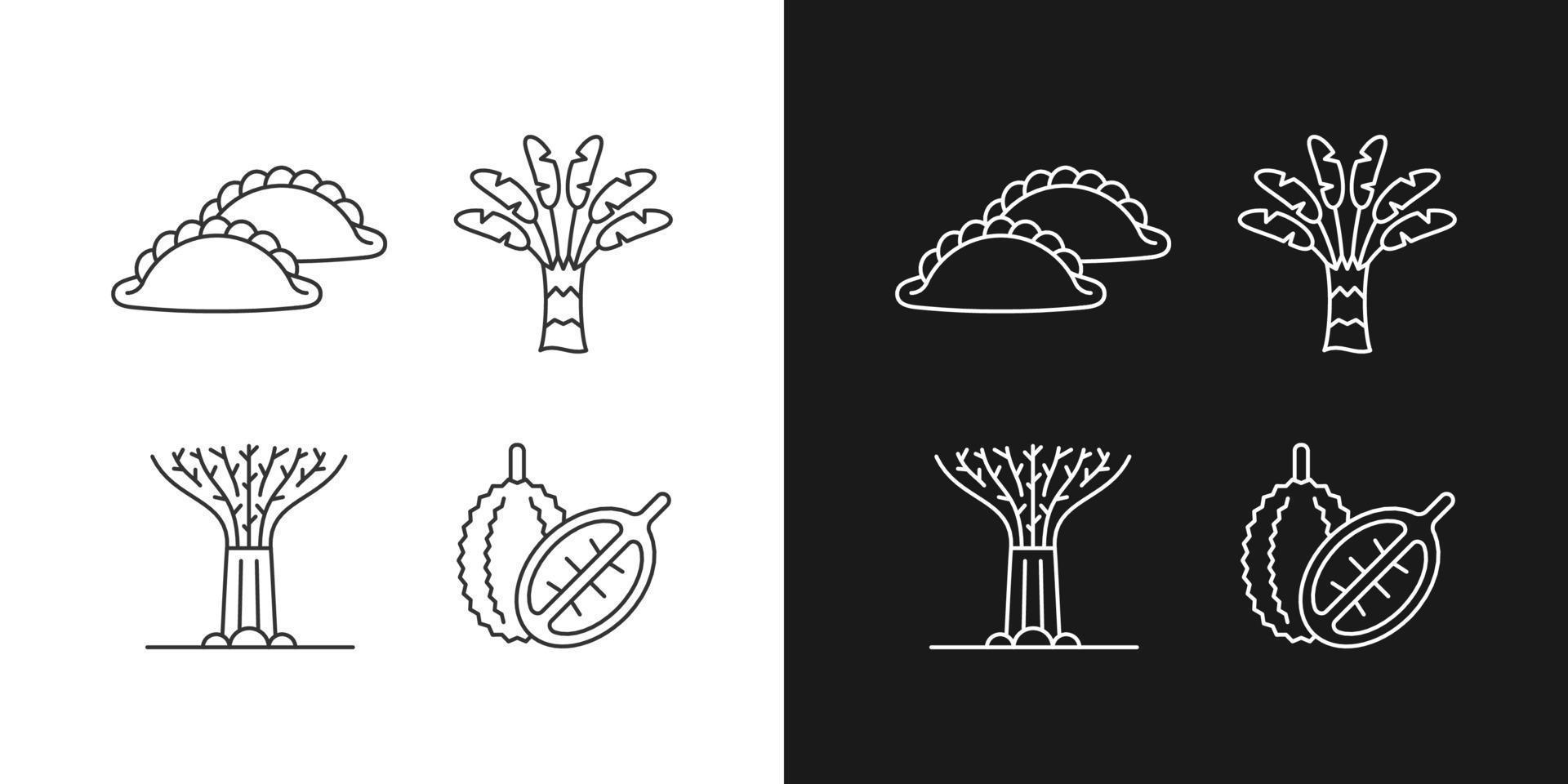 planten in singapore lineaire pictogrammen ingesteld voor donkere en lichte modus. reiziger palm. curry bladerdeeg. singaporese keuken. aanpasbare dunne lijn symbolen. geïsoleerde vectoroverzichtsillustraties. bewerkbare streek vector