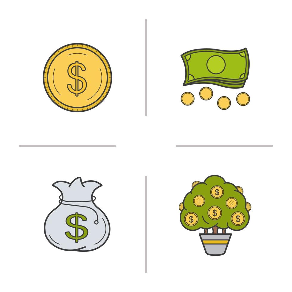 geld kleur pictogrammen instellen. dollarmunt, contant geld, geldzak en boom. geïsoleerde vectorillustraties vector