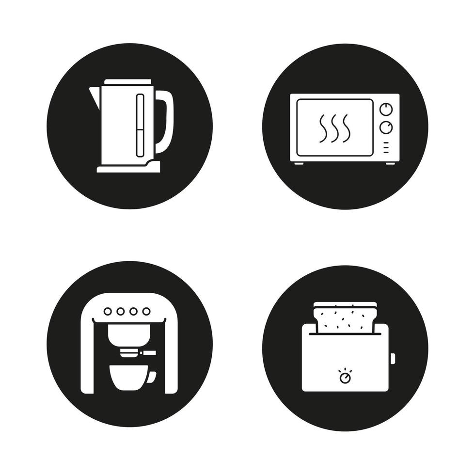 keukenapparatuur pictogrammen instellen. waterkoker, magnetron, espressomachine, broodrooster. witte vectorillustraties in zwarte cirkels vector