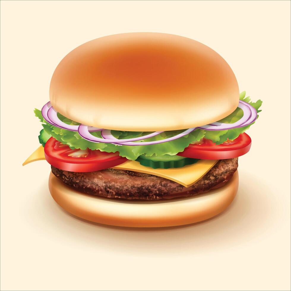 een hamburger met een plak van ui Aan de top vector