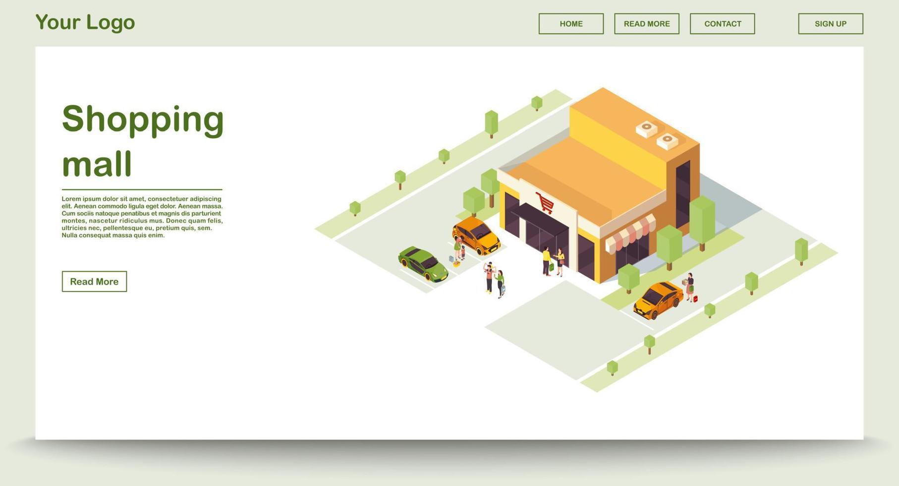 winkelcentrum webpagina vector sjabloon met isometrische illustratie. supermarkt. supermarkt. winkelpand met parkeerplaats. handel, detailhandel. ontwerp van de website-interface. webpagina, 3D-concept voor mobiele apps