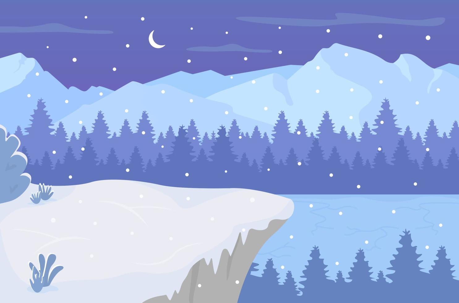 nacht op bevroren meer egale kleur vectorillustratie. sneeuwvlokken die op heuvels in bos vallen. winter besneeuwde 2d cartoon landschap met nachtelijke hemel met wassende maan op achtergrond vector