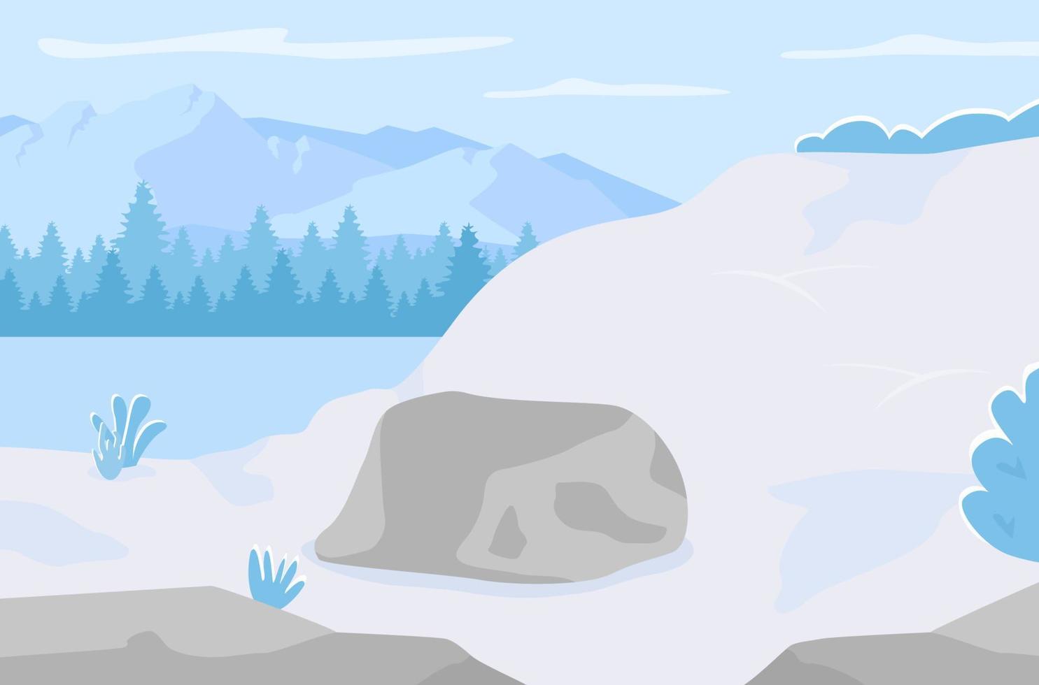 winter heuvels egale kleur vectorillustratie. koude seizoen hellingen met sneeuw. schilderachtige bergen. panoramisch uitzicht op het land. winter 2d cartoon landschap met bevroren meer op achtergrond vector