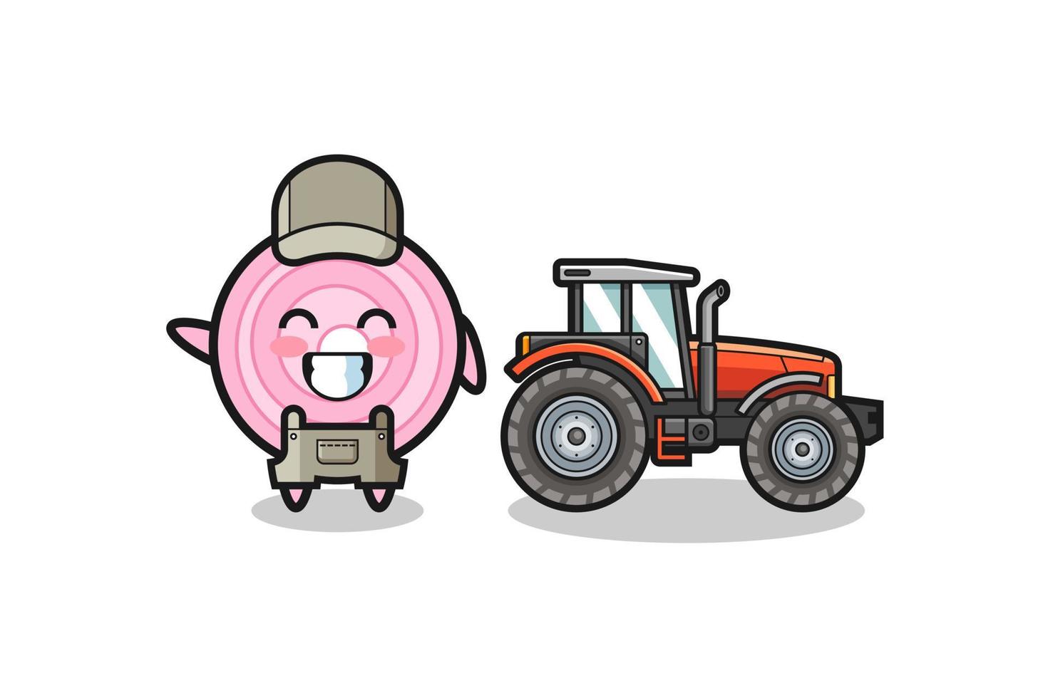 de boer-mascotte van uienringen staat naast een tractor vector