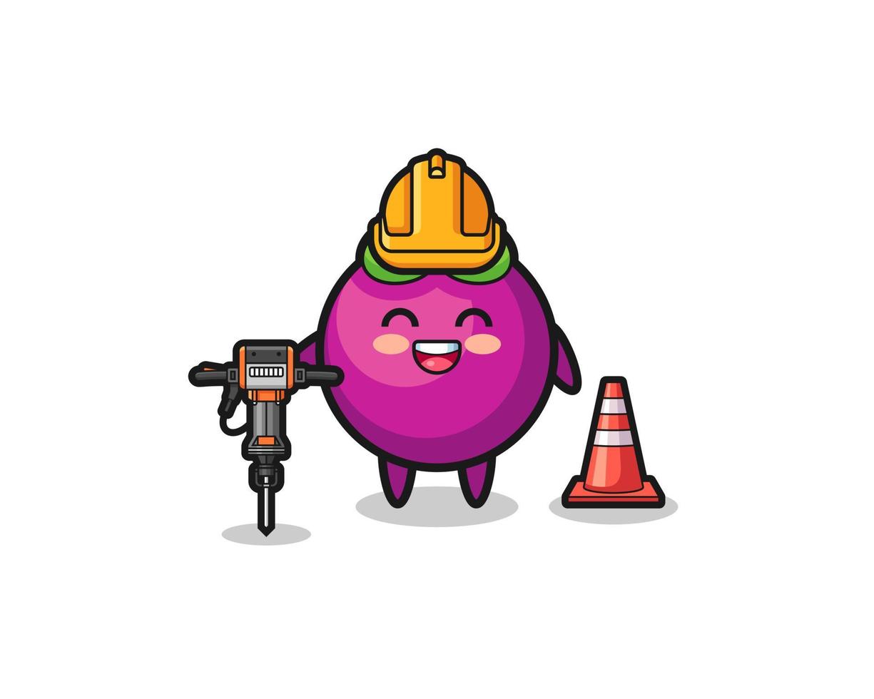 wegwerker mascotte van mangosteen met boormachine vector