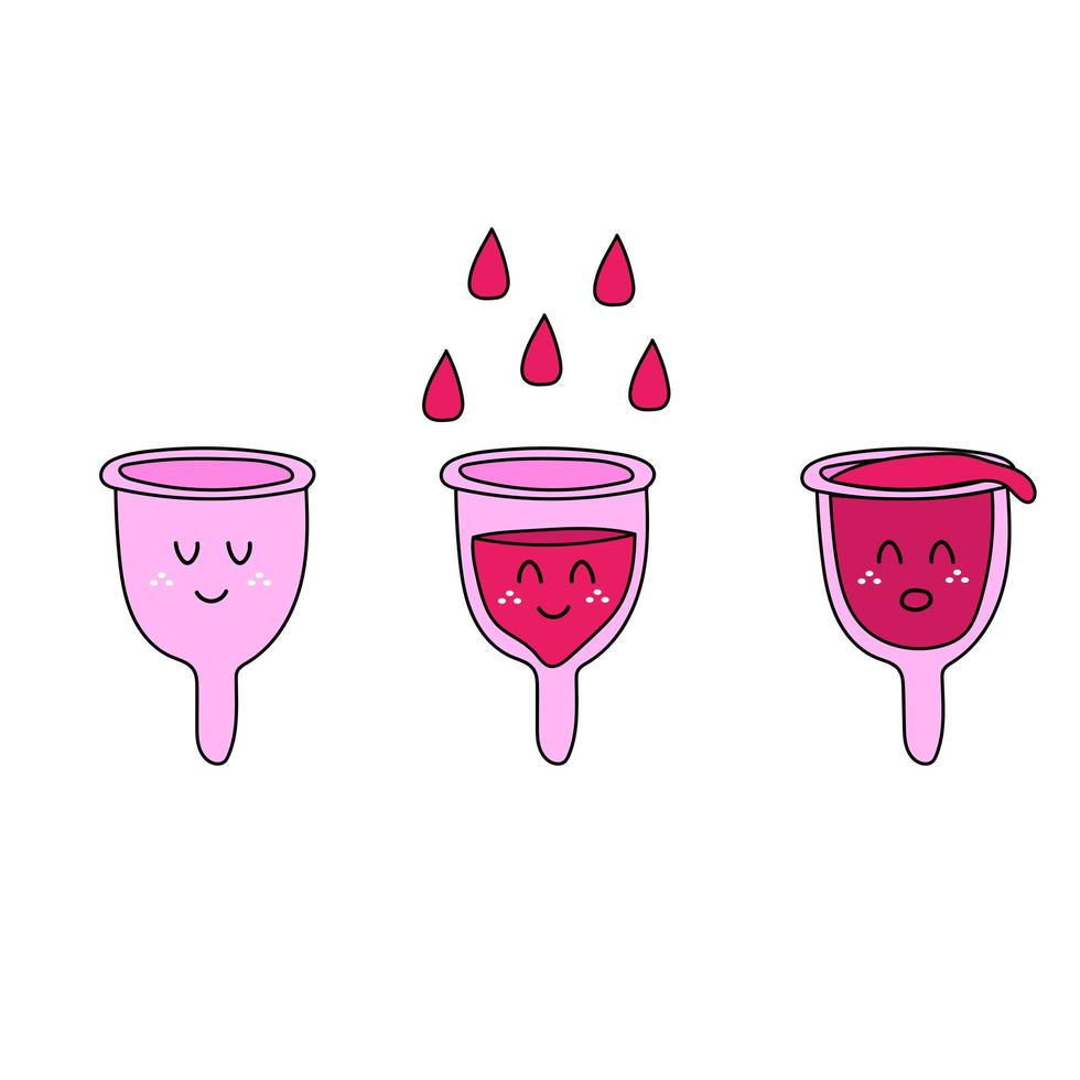 hand getekende menstruatiecups vector. pictogrammen voor instructies en tutorials vector