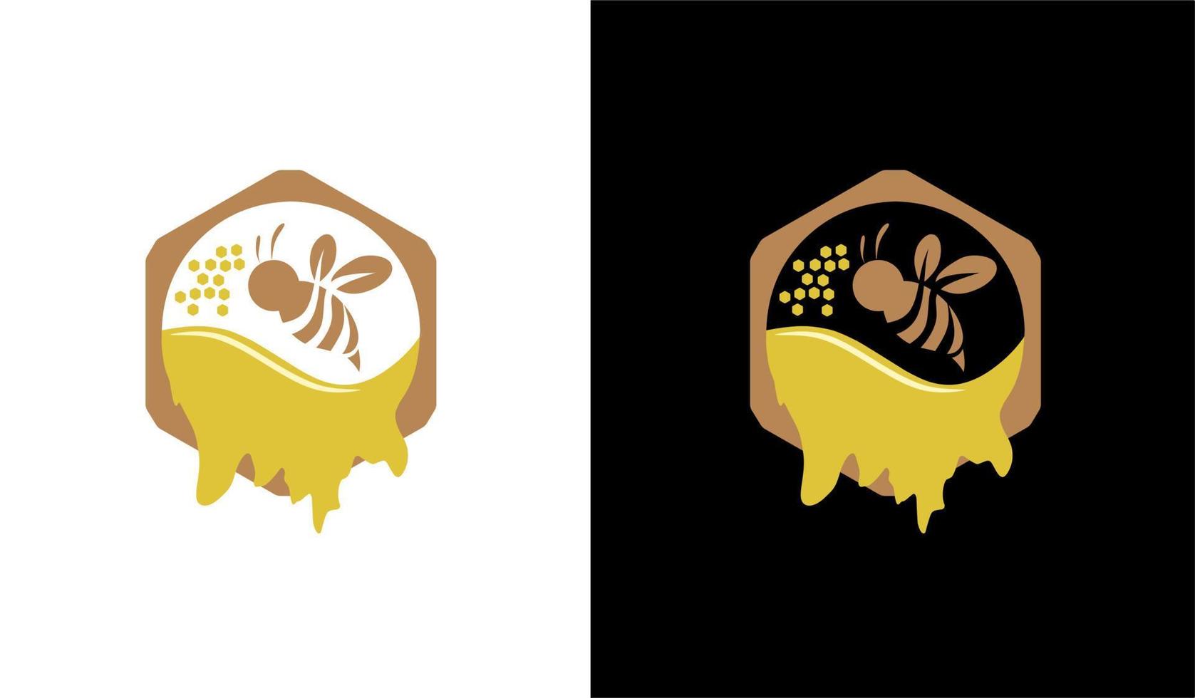 vliegende bij met zoete honing vloeistof, met zeshoek cirkel, honingbij logo vectorillustratie, geïsoleerd op een zwart-witte achtergrond vector