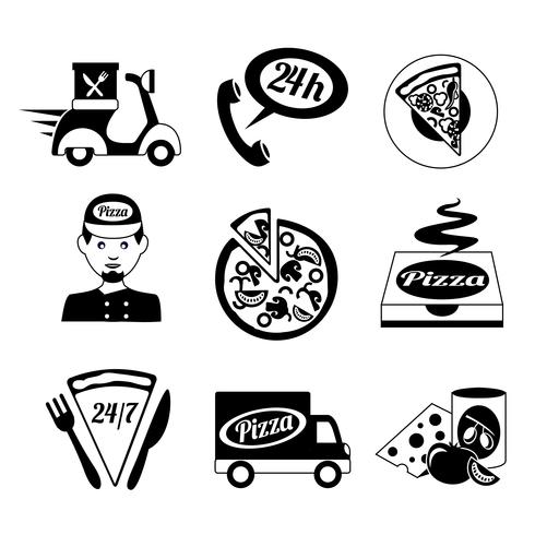 Pizza pictogrammen instellen in zwart en wit vector