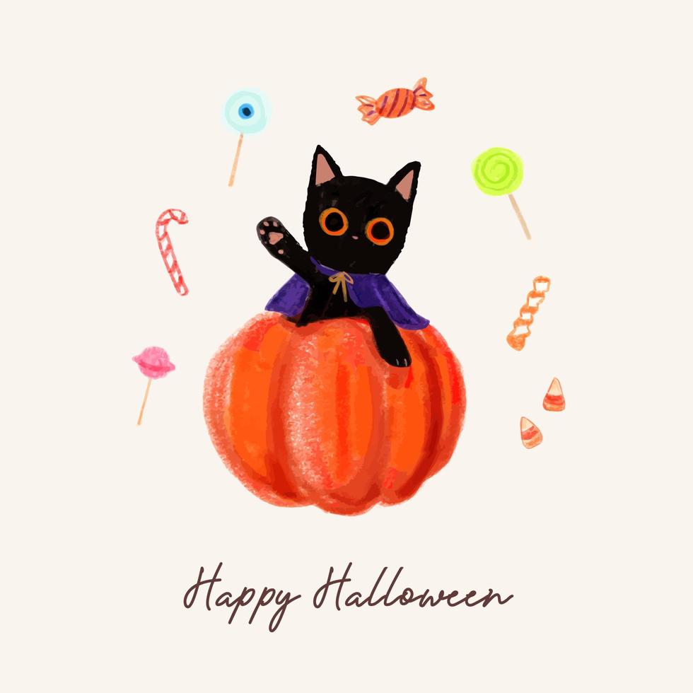 schattige halloween zwarte kat op de pompoen wuivende hand vector