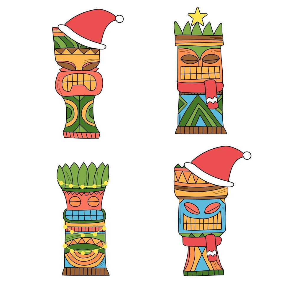 een set tiki-idolen in kerstdecor. gekleurde idolen voor nieuwjaarsfeest vector