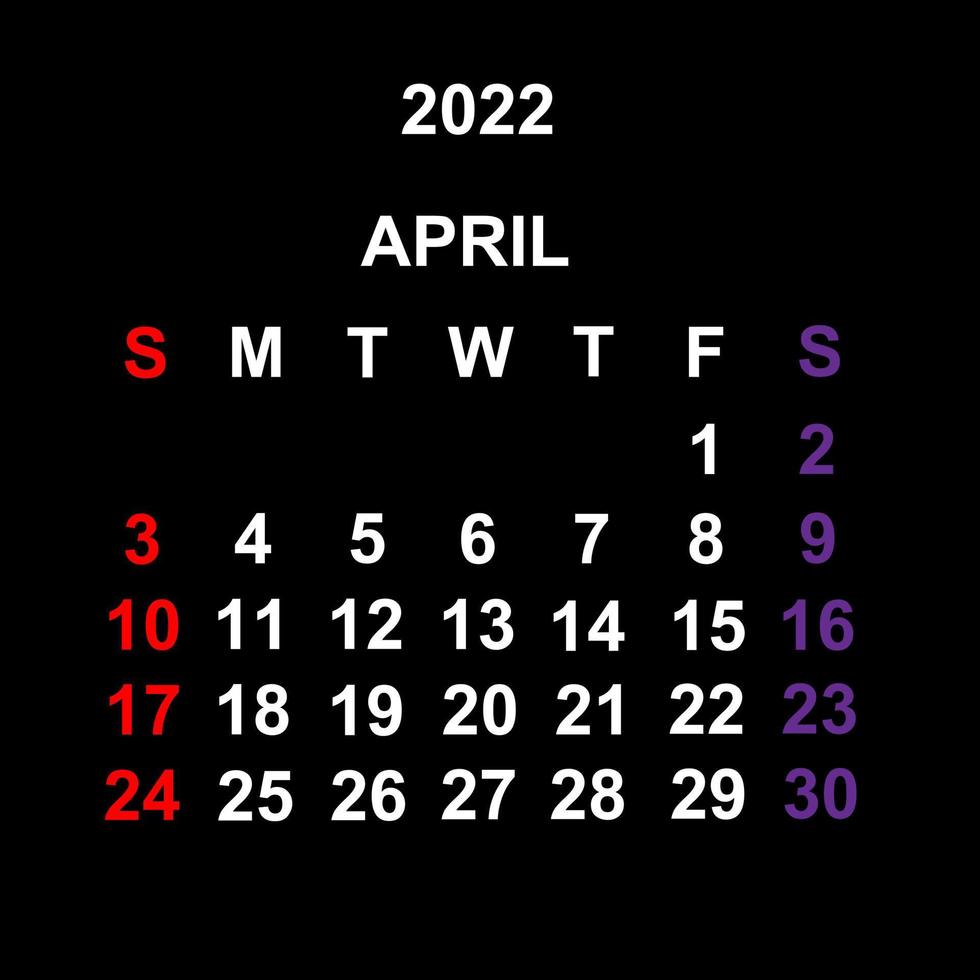 april 2022, kalendersjabloonontwerp op zwarte achtergrond. week begint op zondag. vector