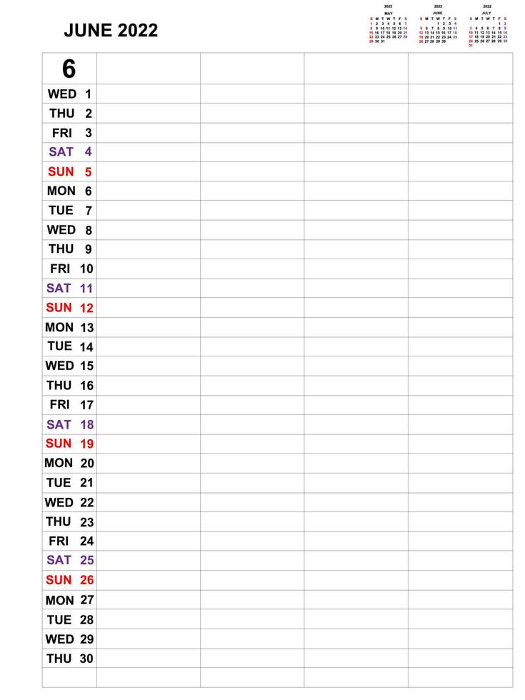 juni 2022, kalendersjabloonontwerp voor zakelijke maandelijkse planner en notities. week begint op zondag, maandelijkse planner voor 2021 jaar en vectorontwerp voor briefpapier. vector