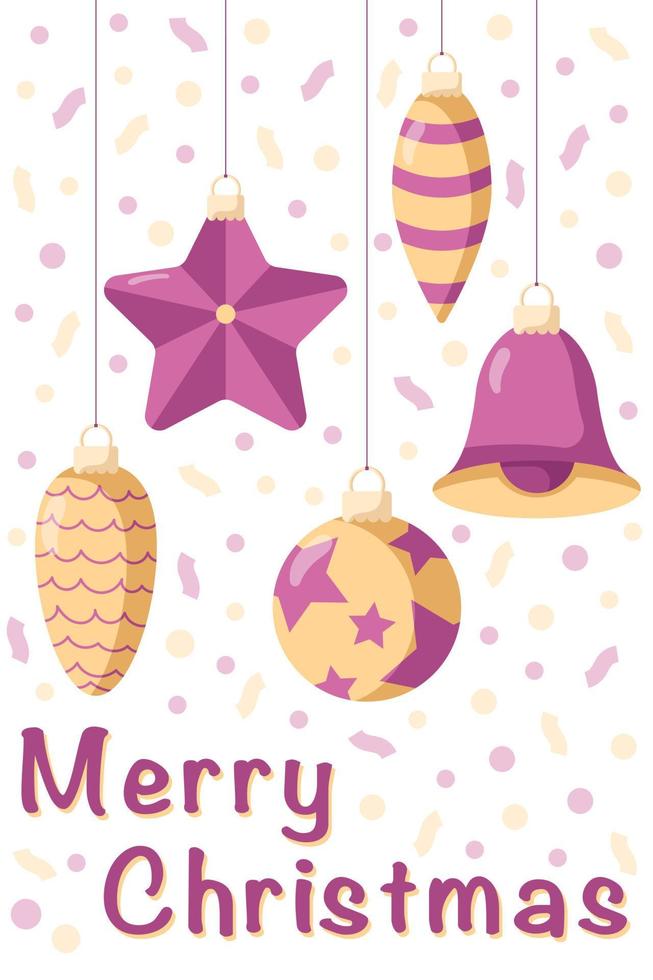 ansichtkaart met kerstboom speelgoed en vuurwerk op de achterkant, illustratie in een vlakke stijl, geïsoleerd op een witte achtergrond. vector