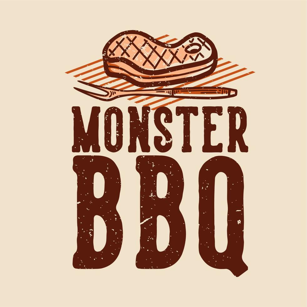 t-shirt ontwerp monster bbq met gegrild vlees vintage illustratie vector