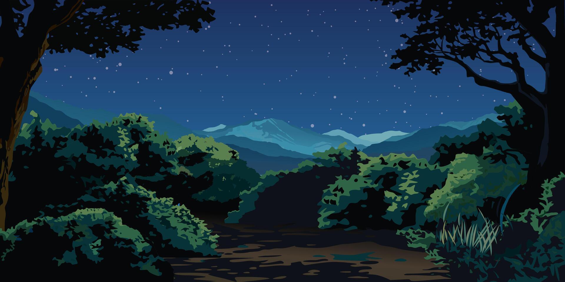 silhouet boom en struik grafisch met berg bereiken hebben nacht lucht achtergrond geïllustreerd. vector