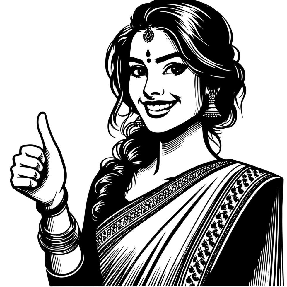 zwart en wit silhouet van een groep van een vrouw Indisch vrouw Holding duimen omhoog in een gewoontjes kleding sari vector