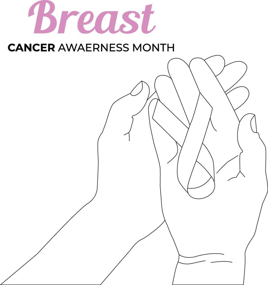 een lijn tekening hand- lint met borst kanker bewustzijn maand vector