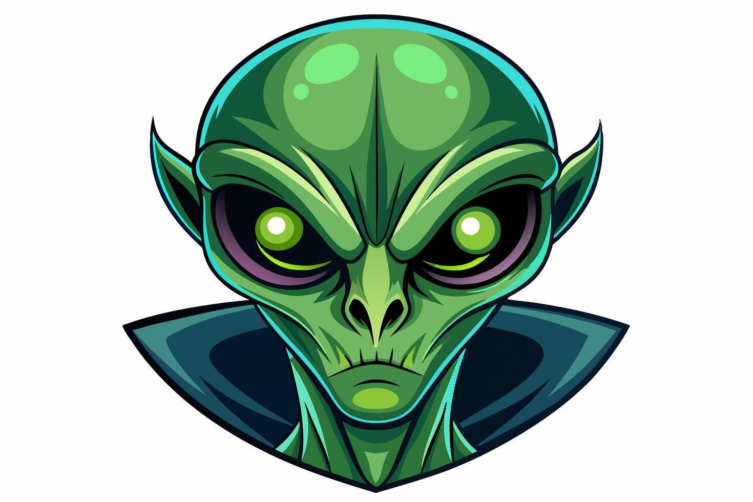 groen buitenaards wezen hoofd met groot ogen geïsoleerd Aan wit achtergrond. portret van een humanoid in een tekenfilm stijl. concept van buitenaards, sci-fi ontwerp, ruimte het zijn. grafisch kunst vector