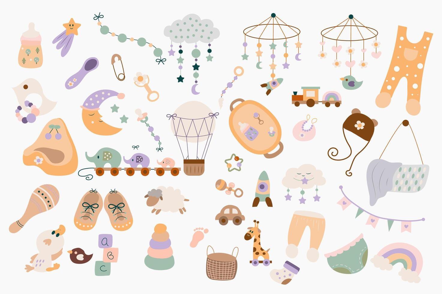 pasgeboren baby items schattig reeks in vlak tekenfilm ontwerp. bundel van fles, baby module, kleren, slabbetje, fopspeen, schoenen, luiers, broek, speelgoed, piramide, hoed en ander. illustratie geïsoleerd elementen vector