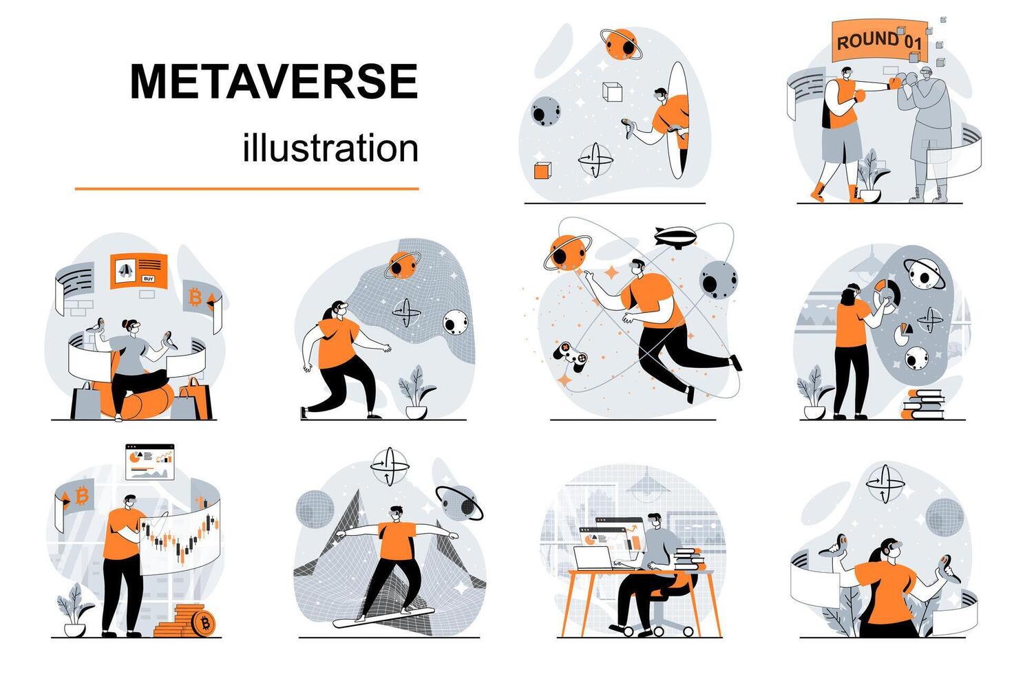 metaverse concept met mensen scènes reeks in vlak ontwerp. Dames en mannen in vr bril interactie met uitgebreid realiteit voor spellen, aan het leren, werk. illustratie zichtbaar verhalen verzameling voor web vector