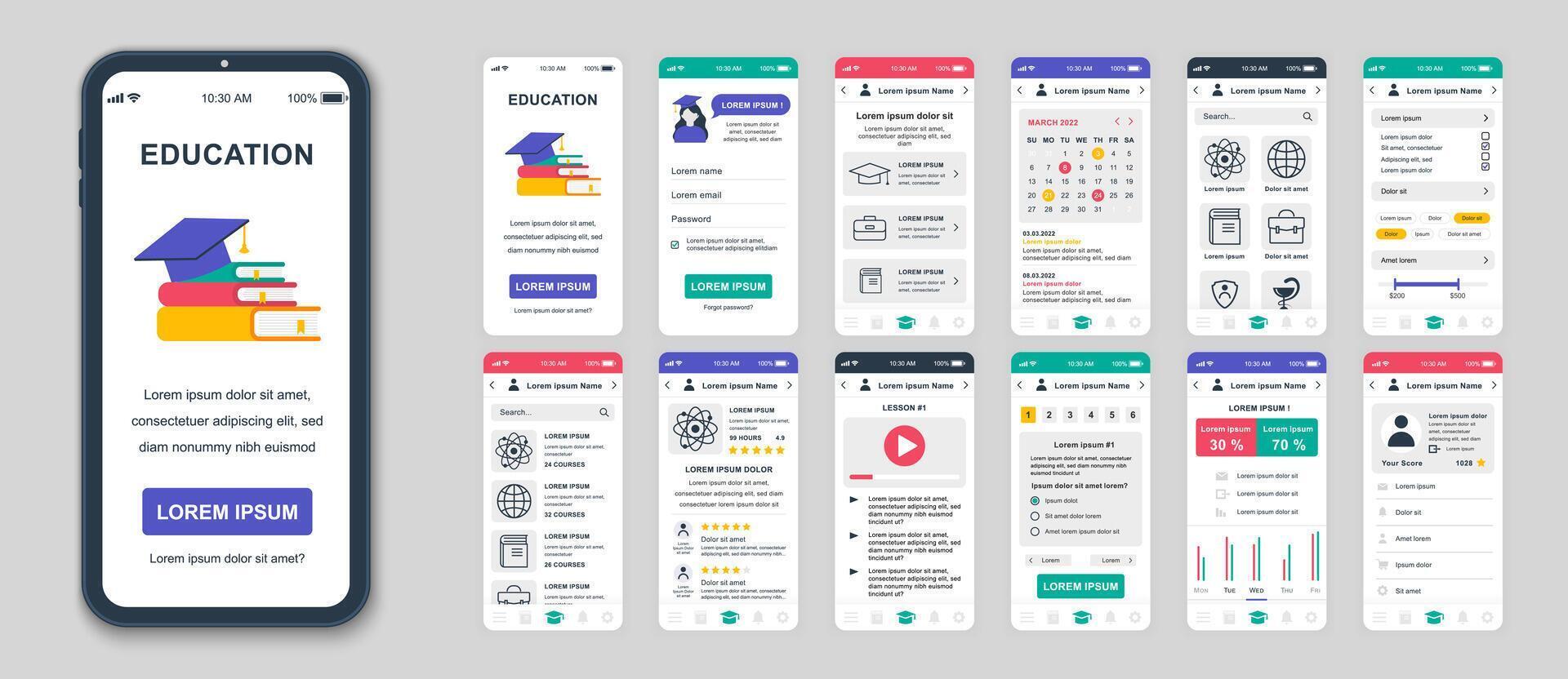 reeks van ui, ux, gui schermen onderwijs app vlak ontwerp sjabloon voor mobiel appjes, snel reagerend website draadframes. web ontwerp ui uitrusting. onderwijs dashboard. vector