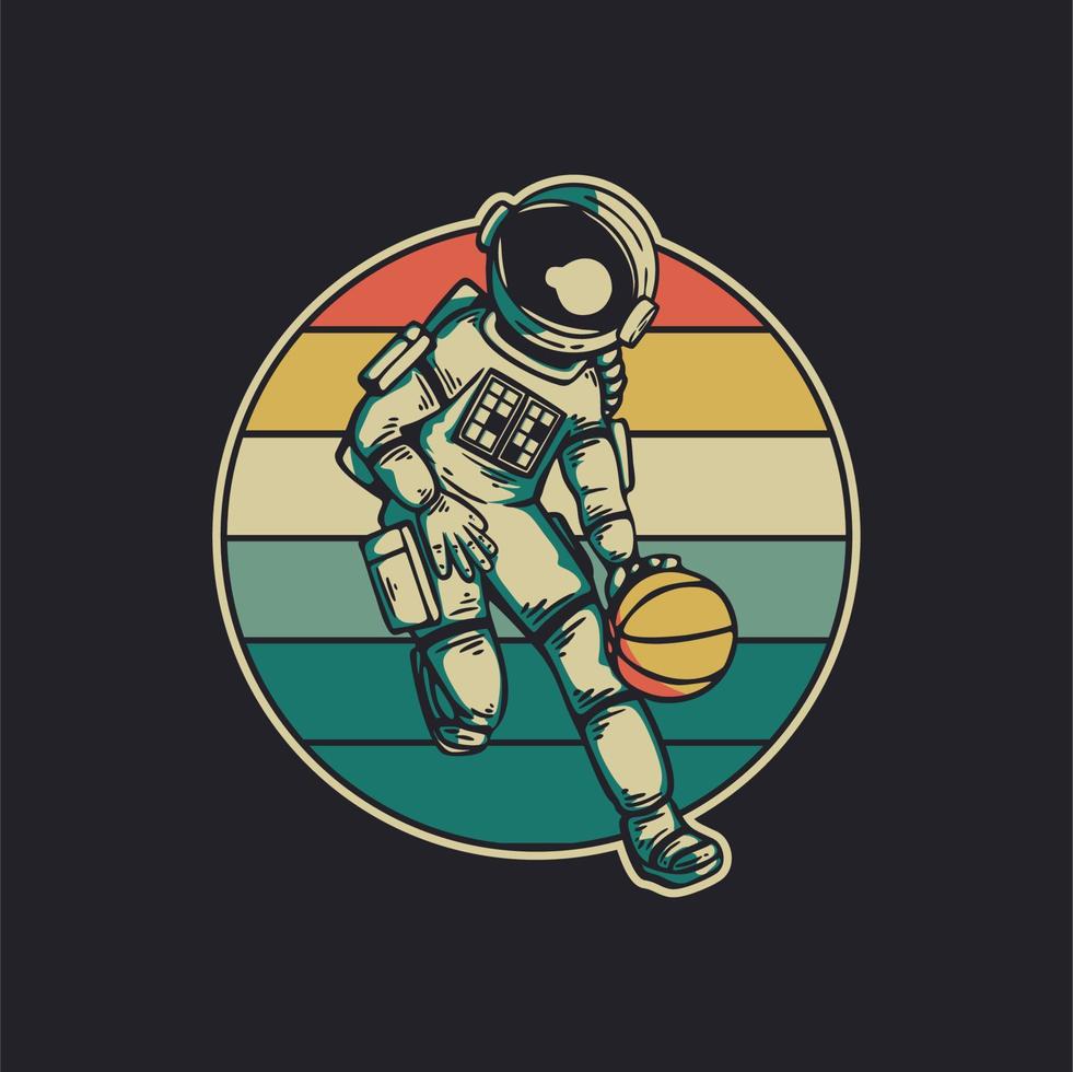 vintage design astronaut die basketbal speelt retro vintage illustratie vector