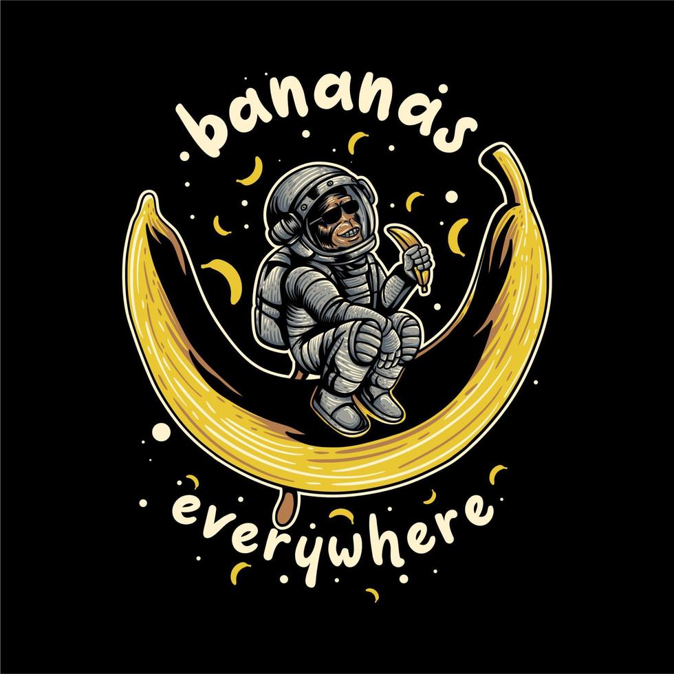 t-shirtontwerp bananen overal met aap in een ruimtepak pelt een banaan op de grote banaan vintage illustratie vector