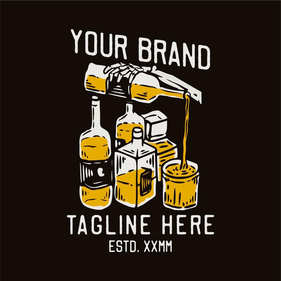 whiskyflessen en skelethand gieten whisky vintage t-shirt ontwerpsjabloon vector