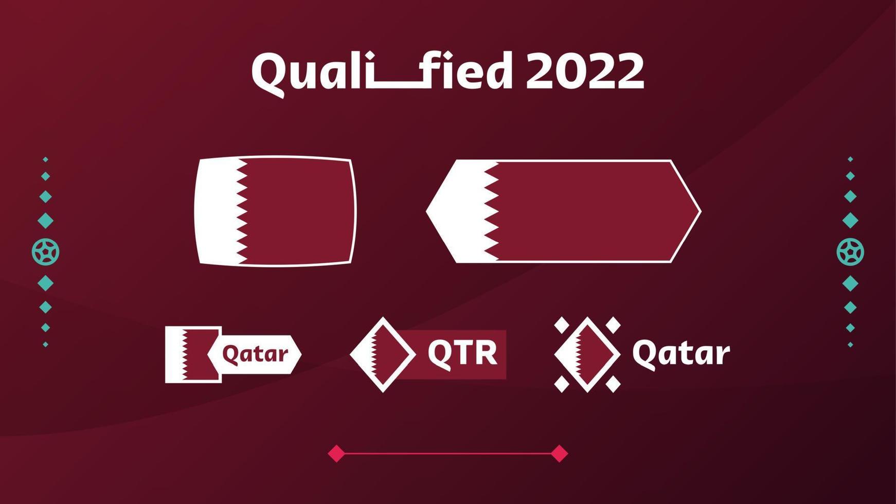 set van qatar vlag en tekst op 2022 voetbaltoernooi achtergrond. vector illustratie voetbal patroon voor banner, kaart, website. bordeaux kleur nationale vlag qatar