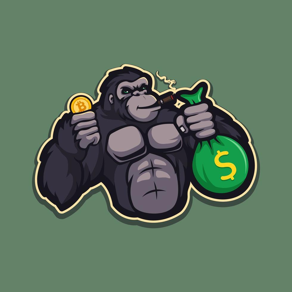 illustratie van een rijke gorilla met cryptovaluta en geldzak vector