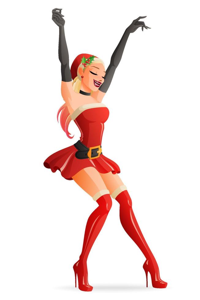 mooie vrouw in rode kerst santa claus party kostuum dansen. cartoon stijl vectorillustratie geïsoleerd op een witte achtergrond. vector