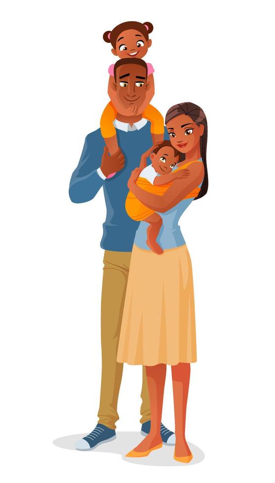 schattige cartoon lachende Afro-Amerikaanse familie met twee kinderen. vectorillustratie geïsoleerd op een witte achtergrond. vector