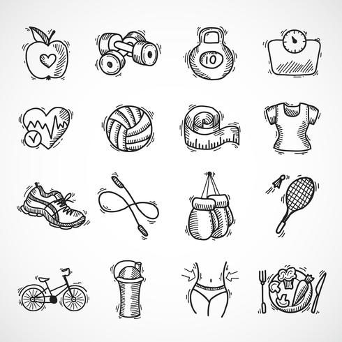 Fitness schets iconen set vector